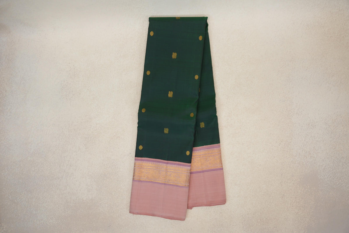 Bottle Green with Dusty Pink Borders Vintage Kanjivaram Silk Saree SS10176