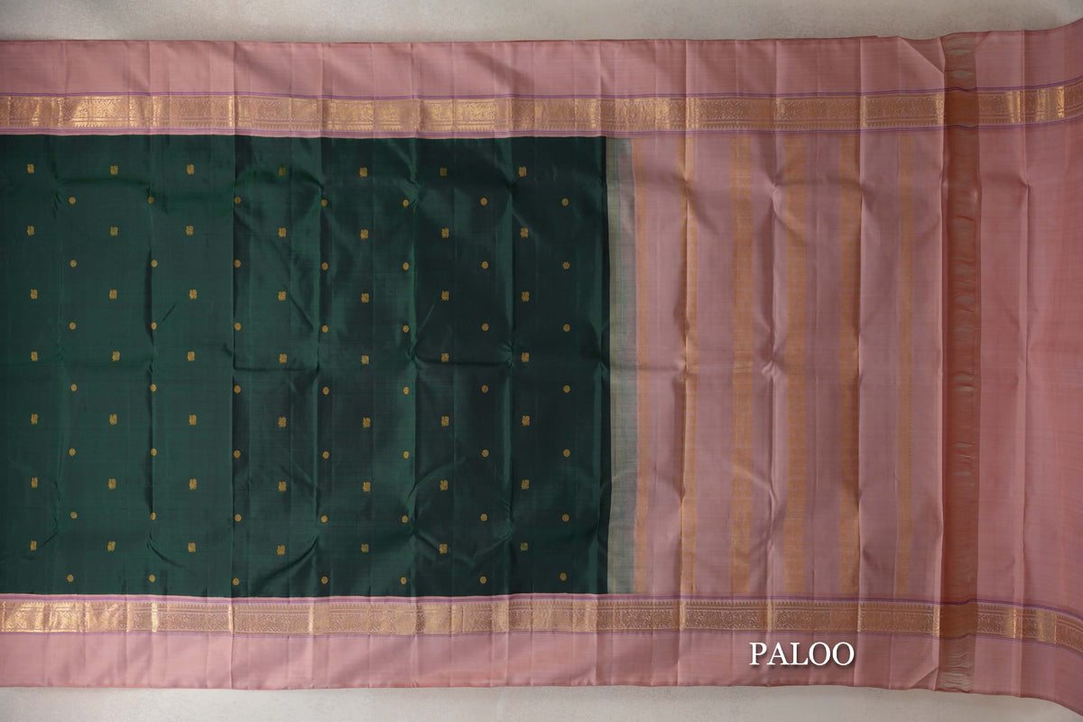 Bottle Green with Dusty Pink Borders Vintage Kanjivaram Silk Saree SS10176