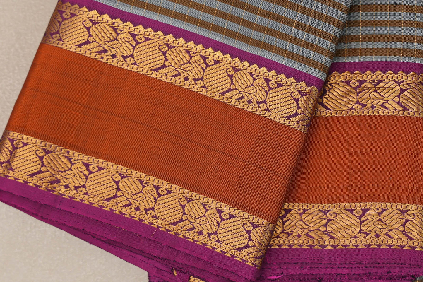 Silver Grey with Warm Olive Stripes Vintage Kanjivaram Silk Saree SS9053