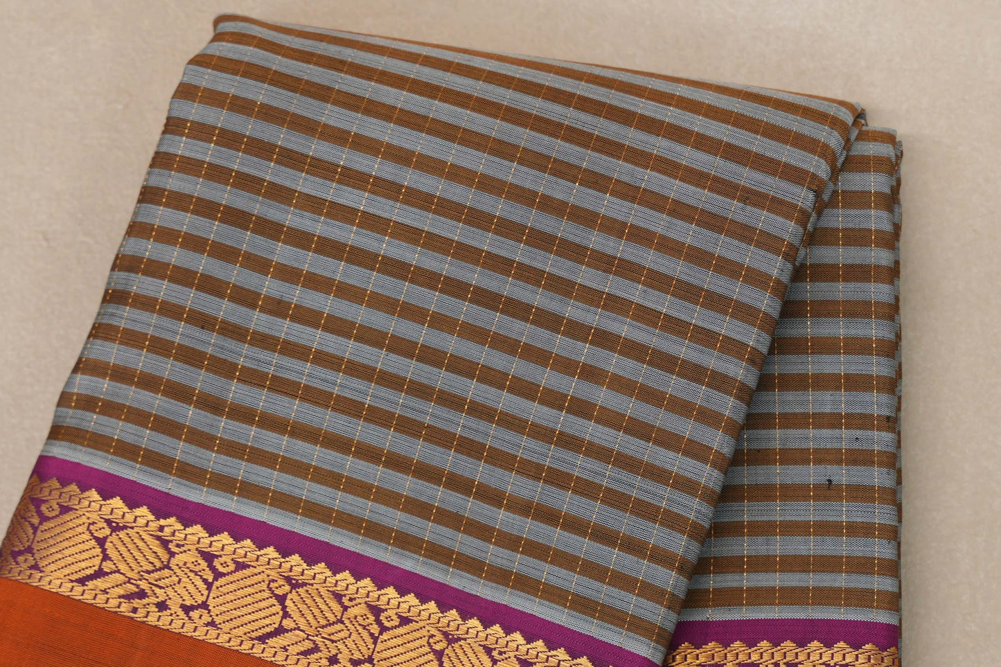 Silver Grey with Warm Olive Stripes Vintage Kanjivaram Silk Saree SS9053