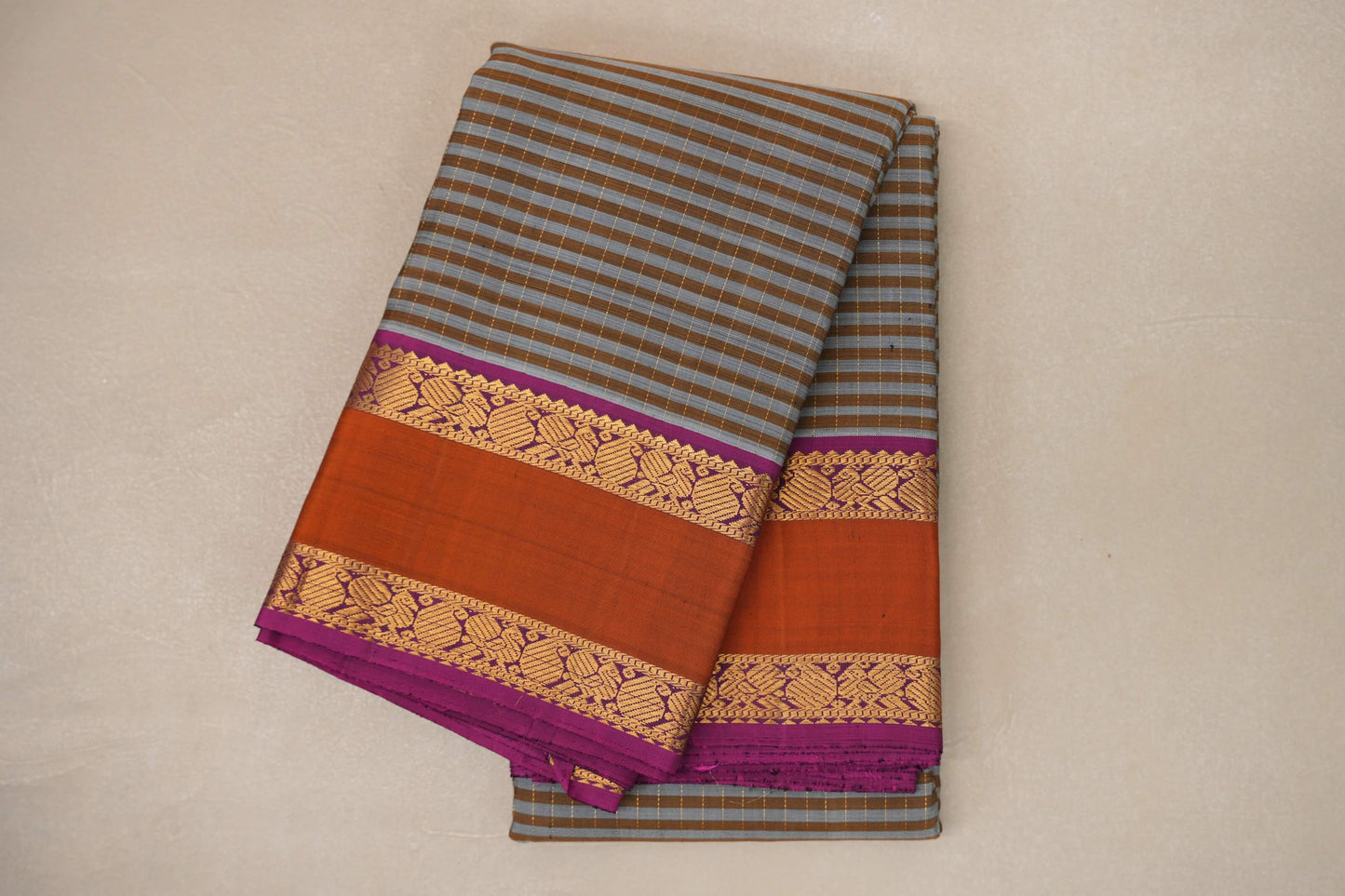 Silver Grey with Warm Olive Stripes Vintage Kanjivaram Silk Saree SS9053
