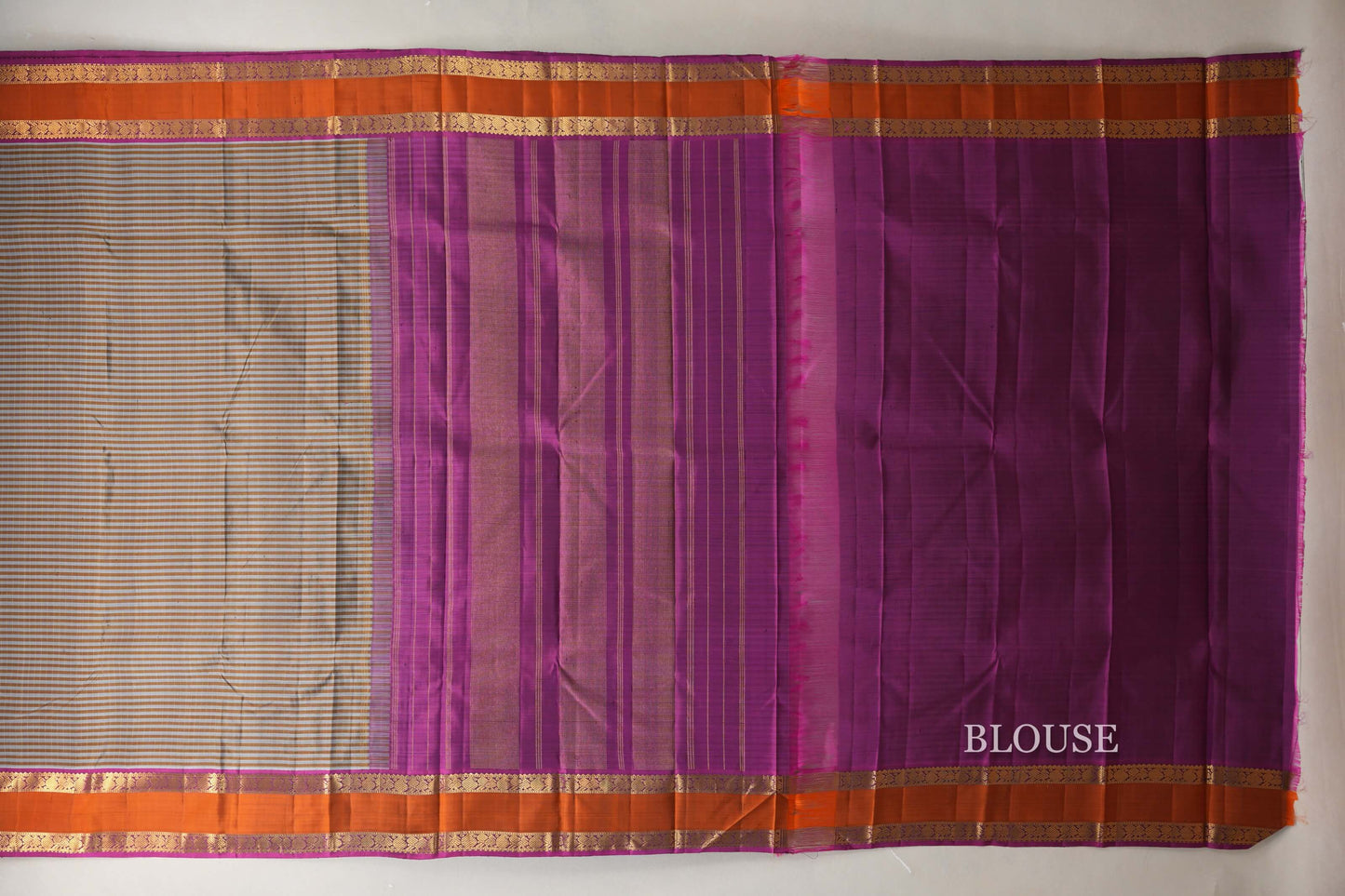 Silver Grey with Warm Olive Stripes Vintage Kanjivaram Silk Saree SS9053