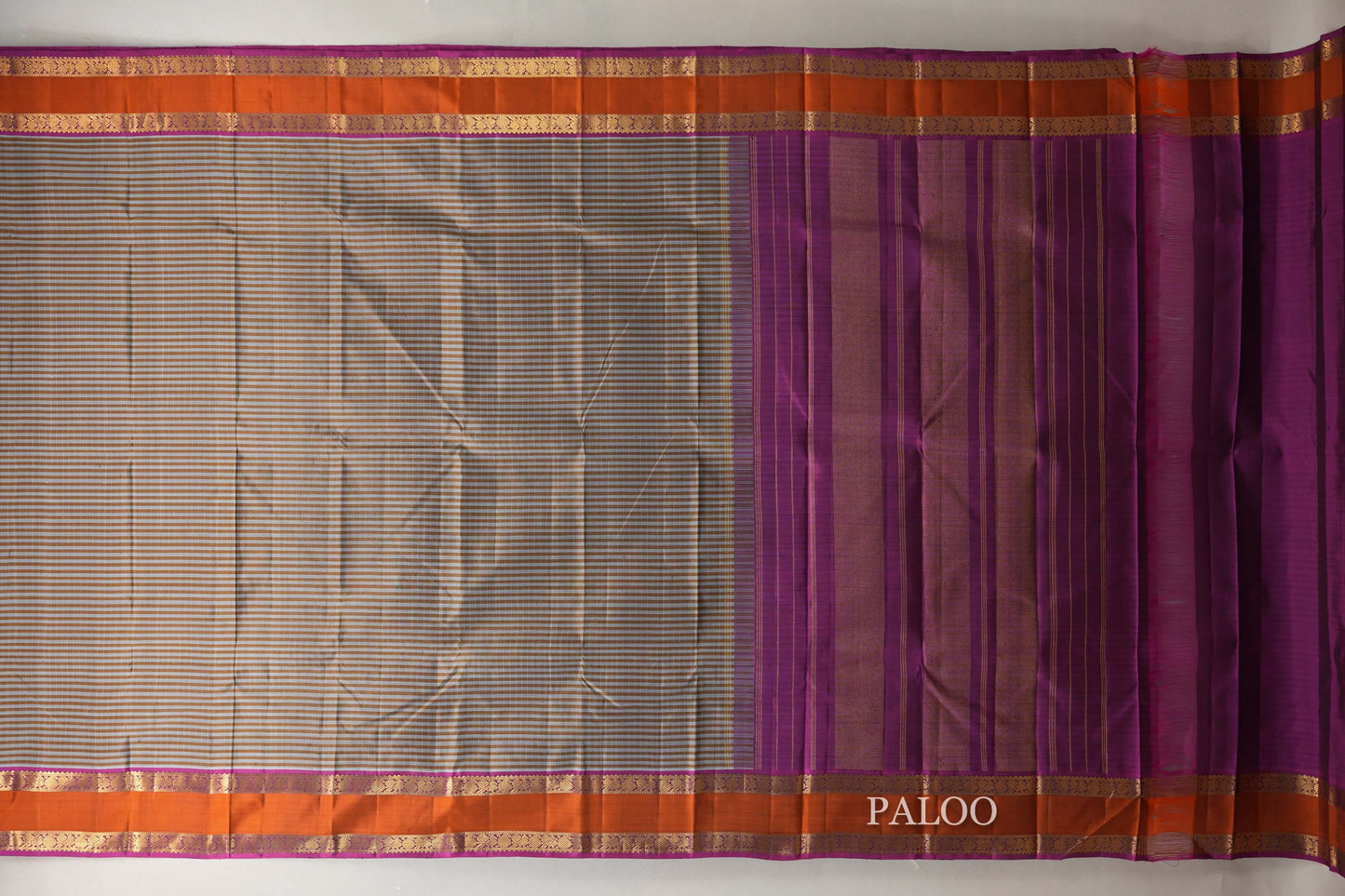 Silver Grey with Warm Olive Stripes Vintage Kanjivaram Silk Saree SS9053