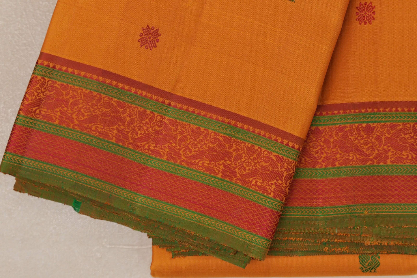 Mango yellow with Pink with parrot green Vintage Kanjivaram Silk Saree SS9054