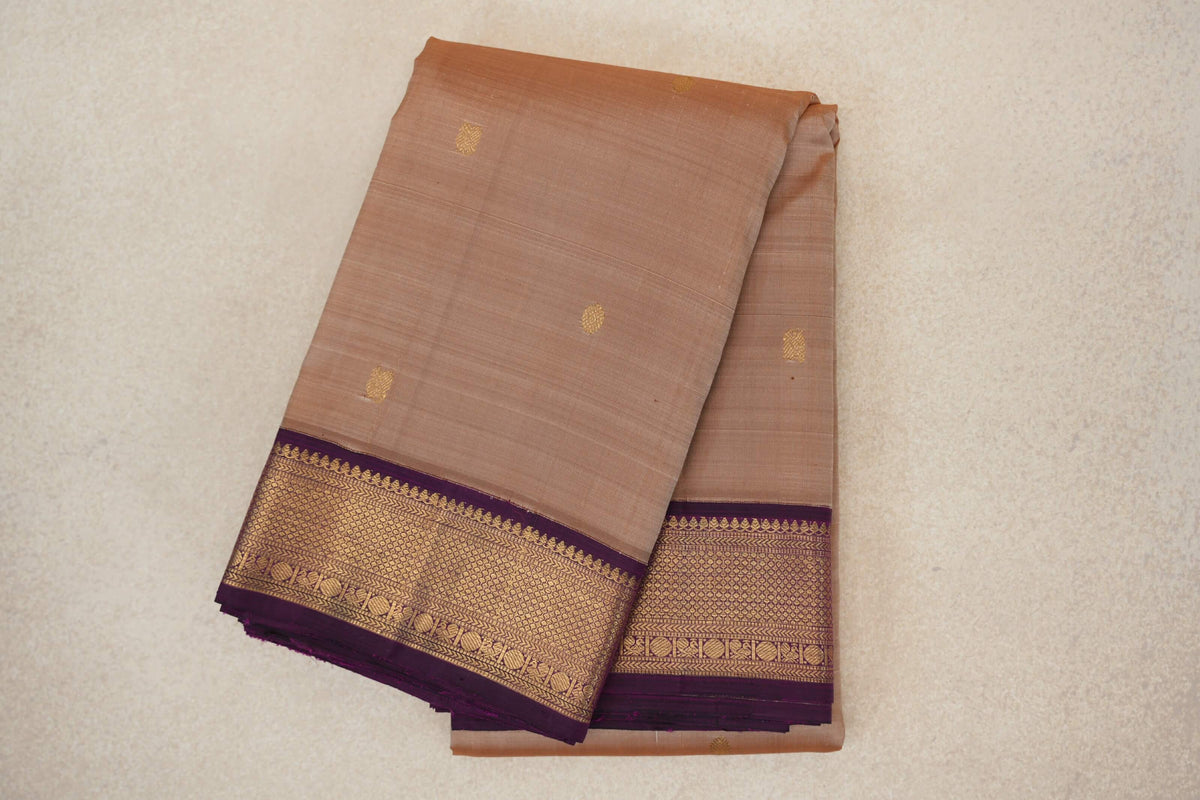 Deep Beige with Deep Purple Borders Vintage Kanjivaram Silk Saree SS10178