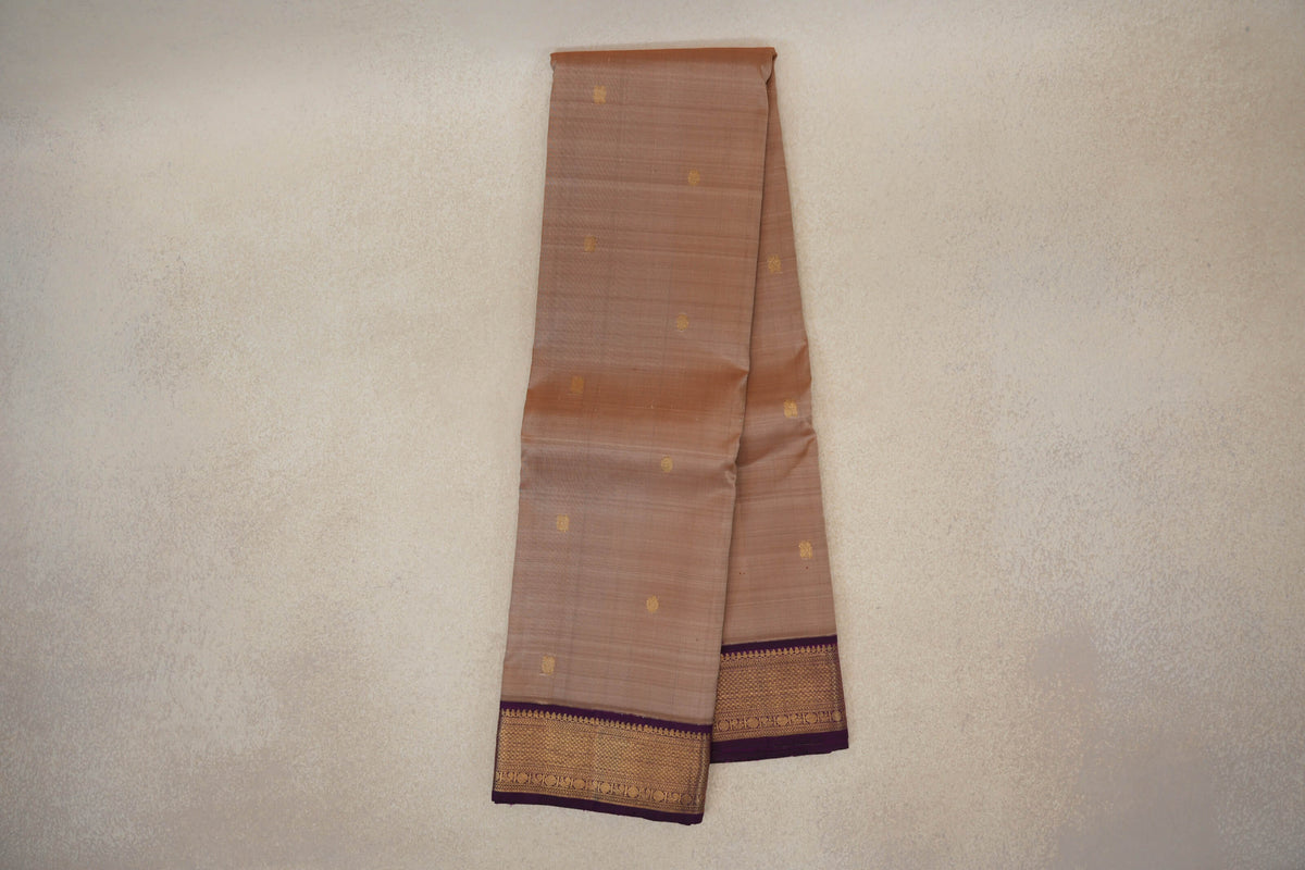 Deep Beige with Deep Purple Borders Vintage Kanjivaram Silk Saree SS10178
