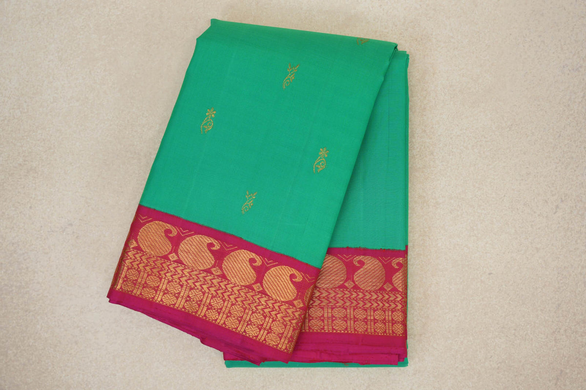 Teal Green with Rani Pink Borders Vintage Kanjivaram Silk Saree SS10179