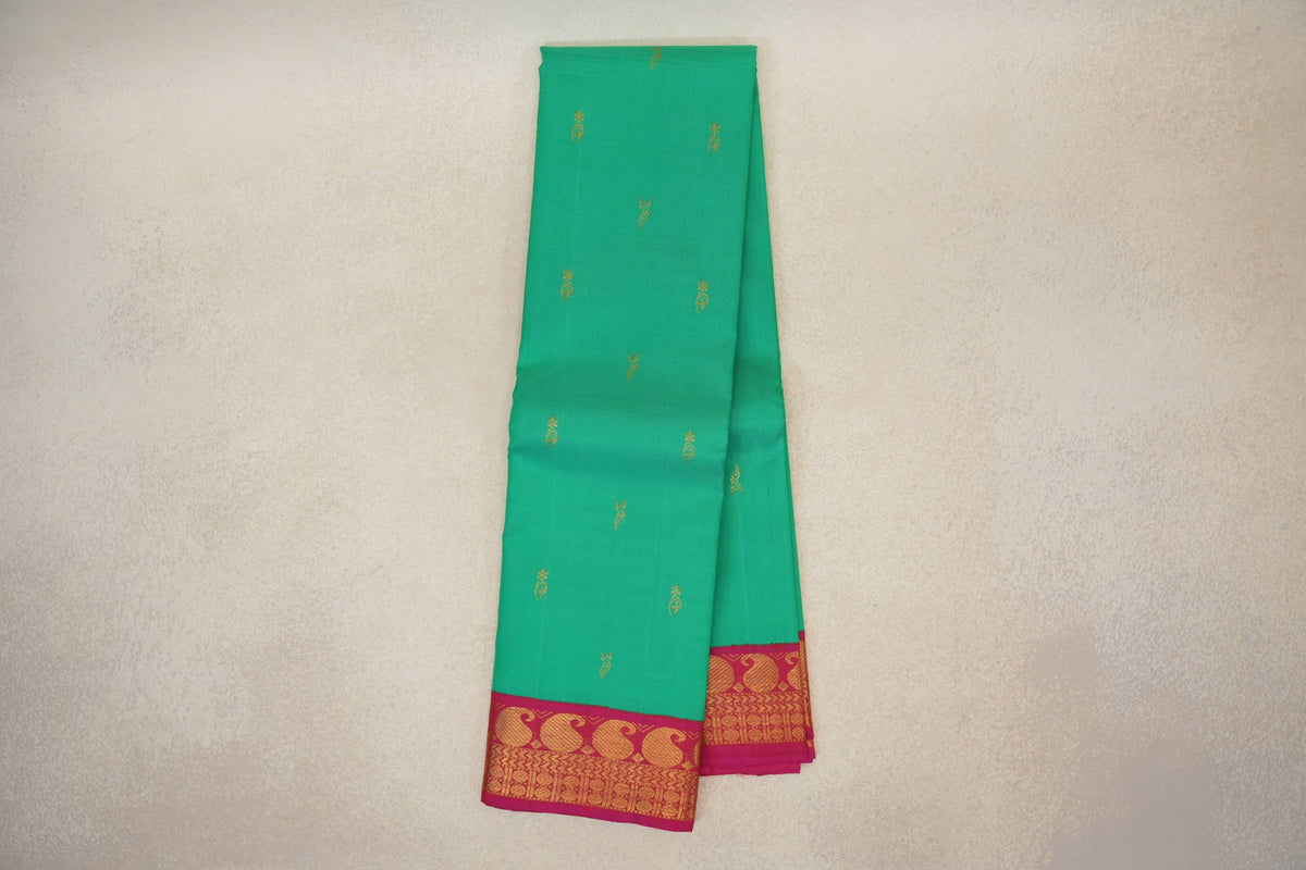 Teal Green with Rani Pink Borders Vintage Kanjivaram Silk Saree SS10179