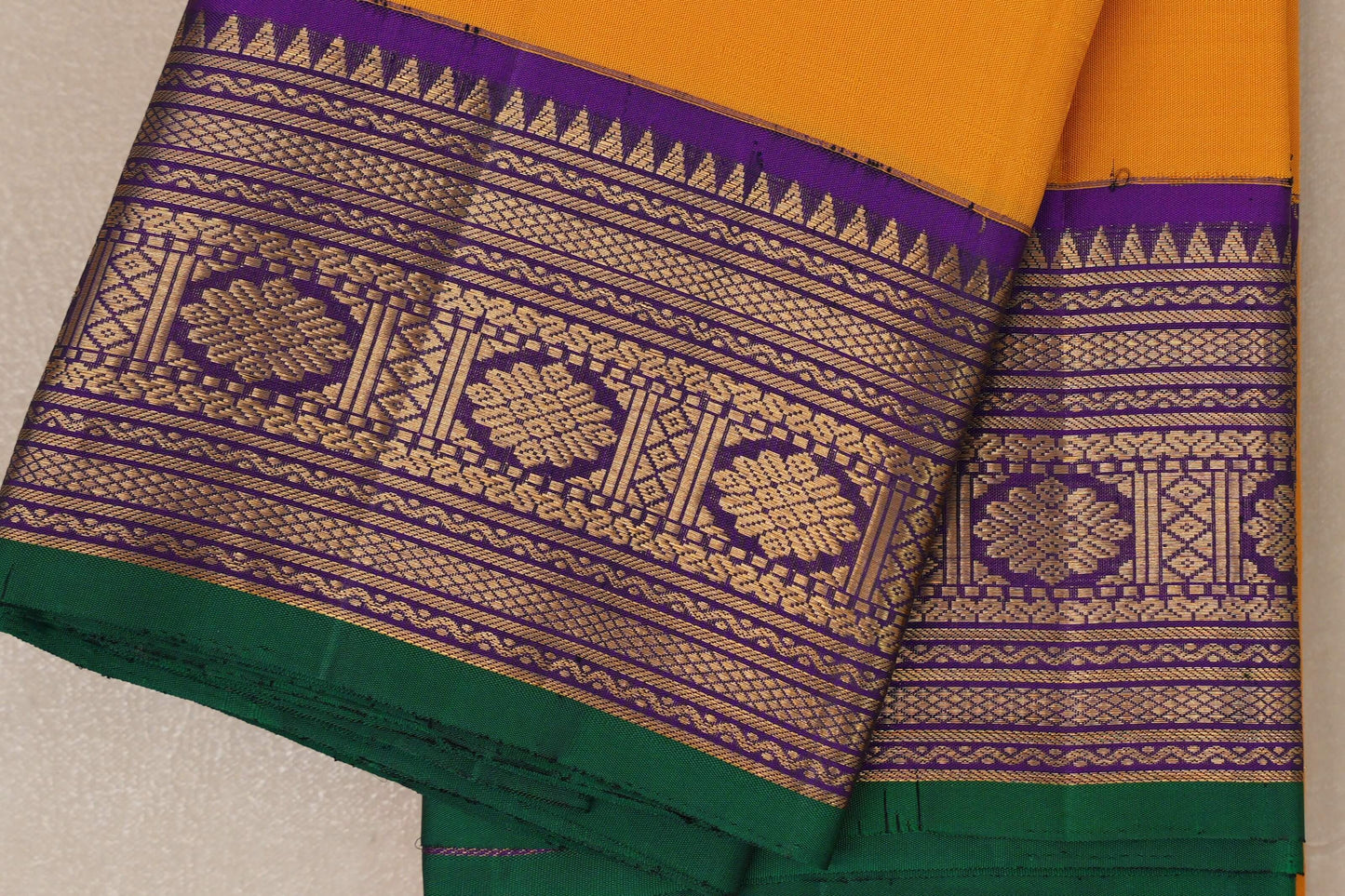 Mango yellow with Royal Purple Leaf Green Selvedge Vintage Kanjivaram Silk Saree SS9056