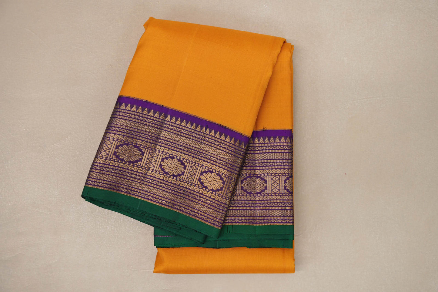 Mango yellow with Royal Purple Leaf Green Selvedge Vintage Kanjivaram Silk Saree SS9056