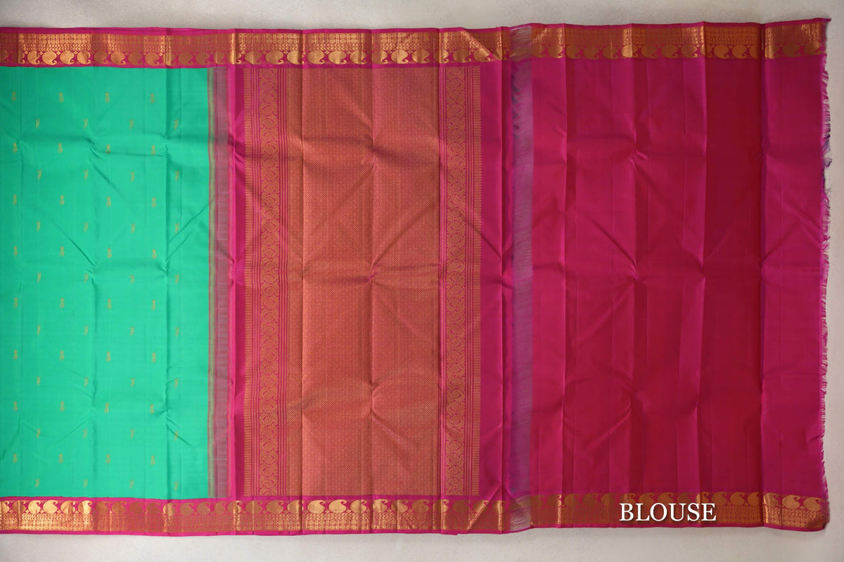 Teal Green with Rani Pink Borders Vintage Kanjivaram Silk Saree SS10179