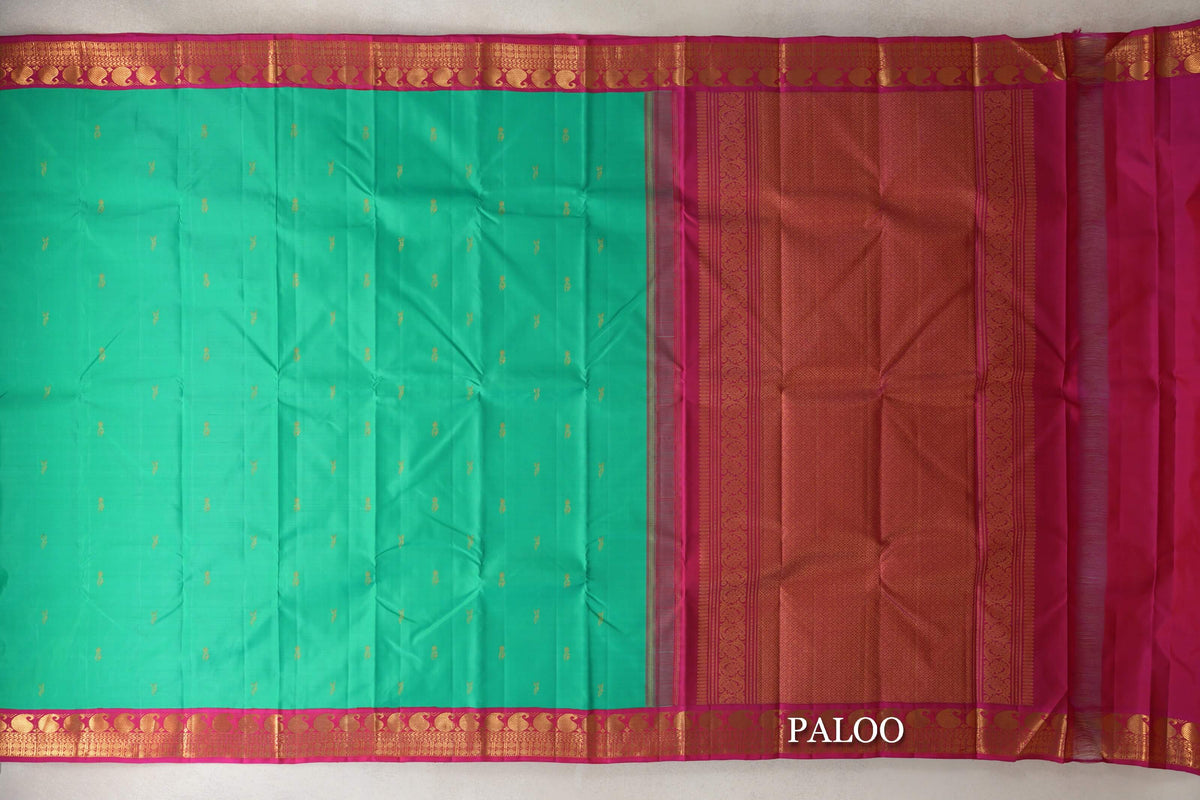 Teal Green with Rani Pink Borders Vintage Kanjivaram Silk Saree SS10179