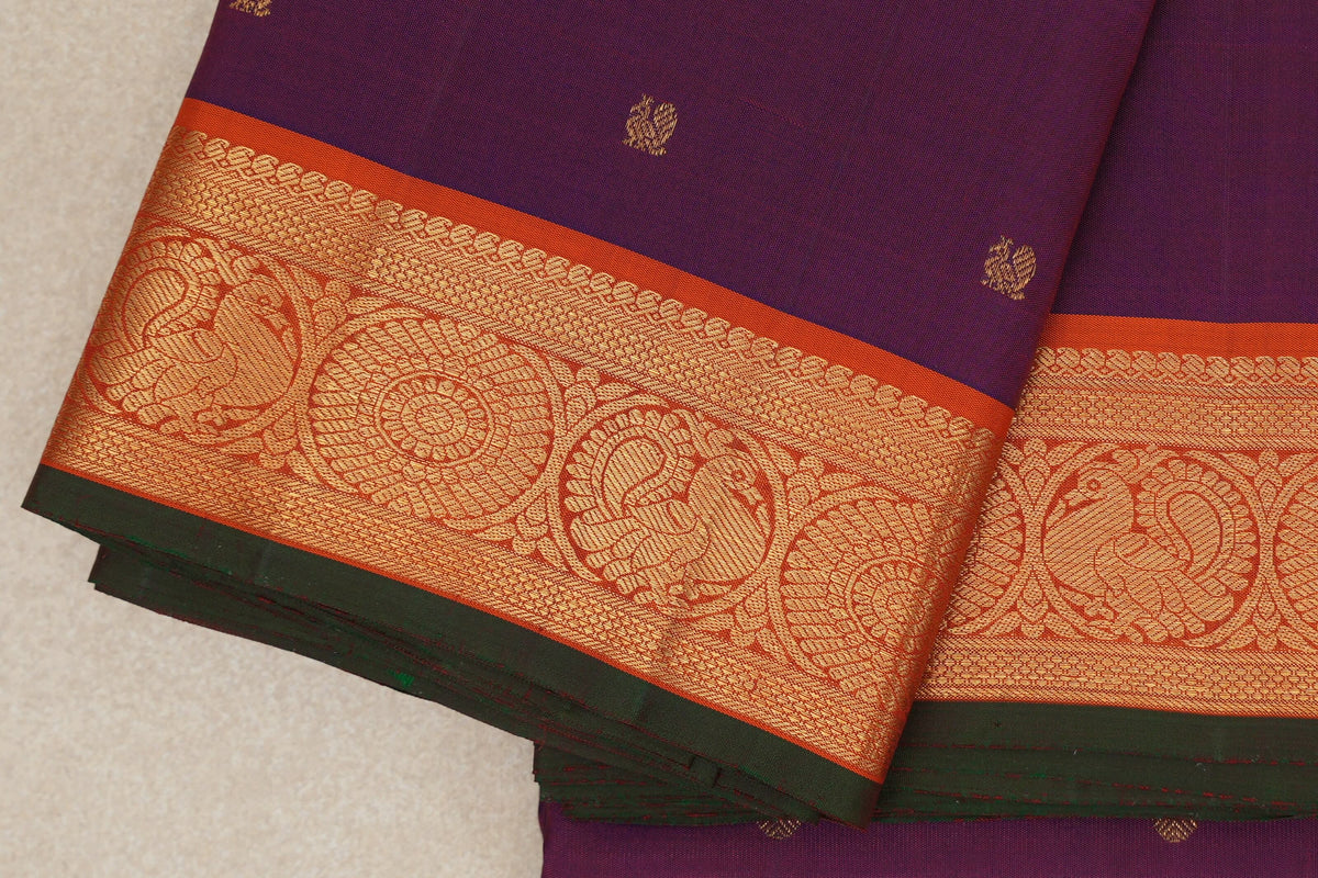 Deep Purple with Orange with Green Selvedge Borders Vintage Kanjivaram Silk Saree SS10180