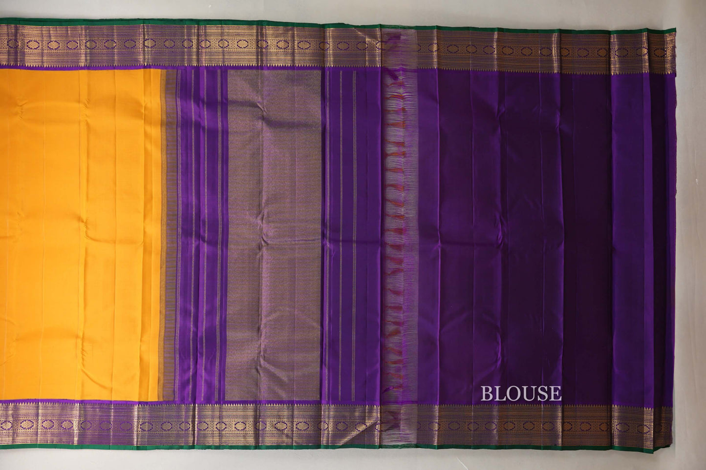 Mango yellow with Royal Purple Leaf Green Selvedge Vintage Kanjivaram Silk Saree SS9056