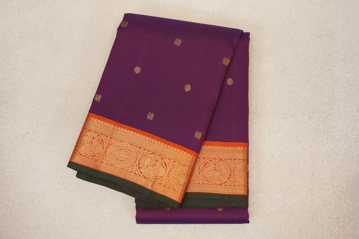 Deep Purple with Orange with Green Selvedge Borders Vintage Kanjivaram Silk Saree SS10180