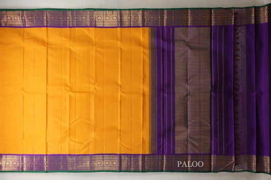 Mango yellow with Royal Purple Leaf Green Selvedge Vintage Kanjivaram Silk Saree SS9056