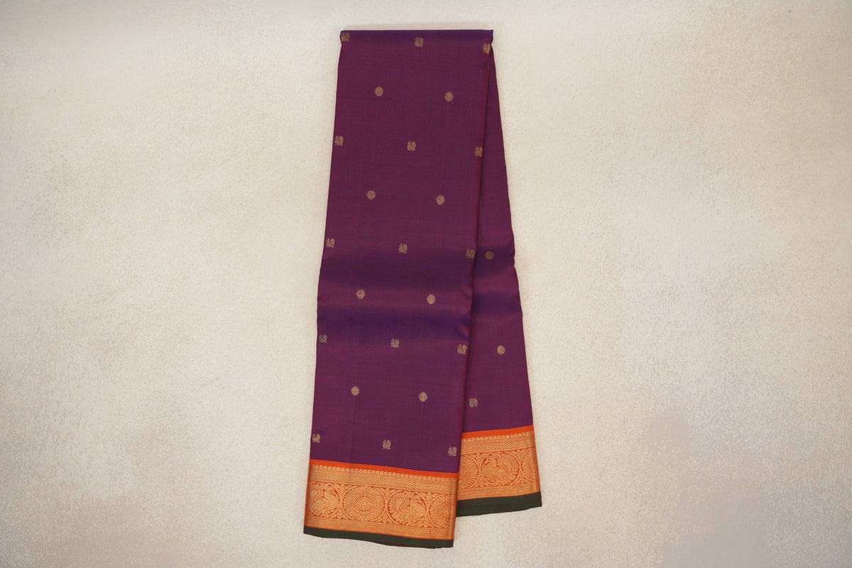 Deep Purple with Orange with Green Selvedge Borders Vintage Kanjivaram Silk Saree SS10180