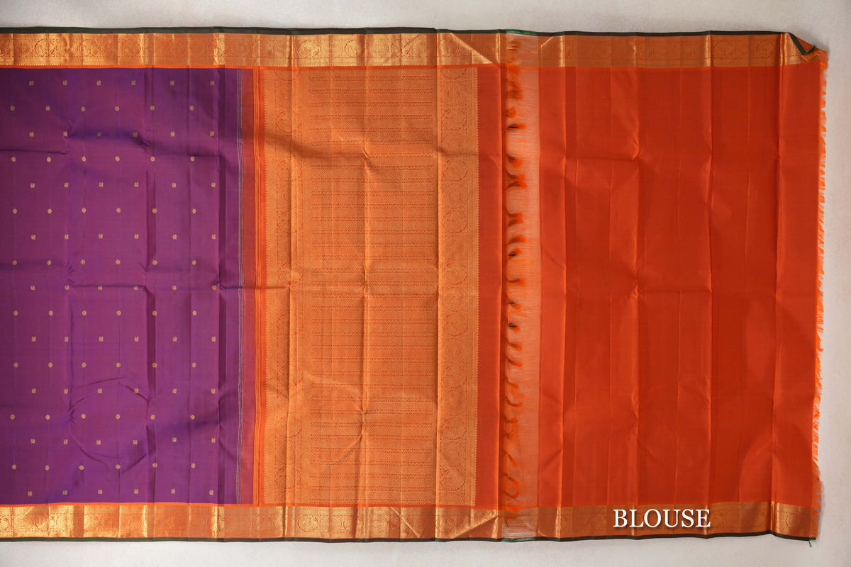 Deep Purple with Orange with Green Selvedge Borders Vintage Kanjivaram Silk Saree SS10180