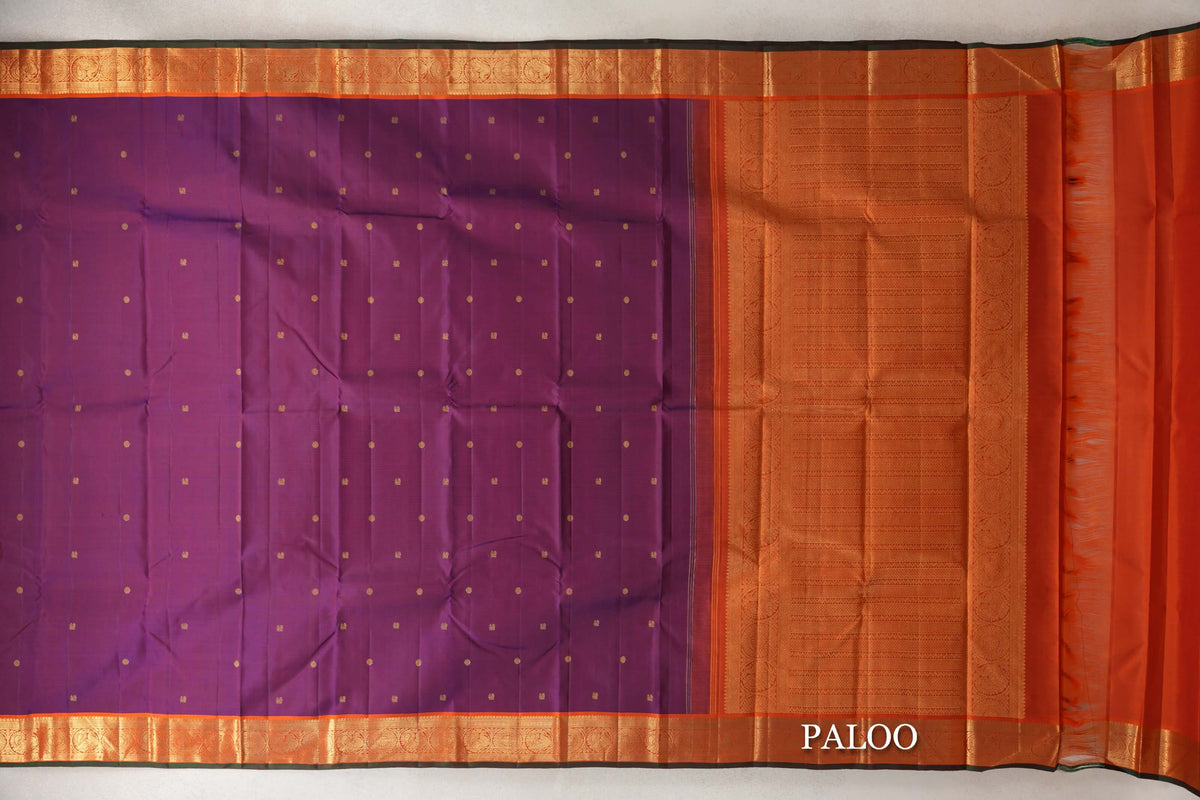 Deep Purple with Orange with Green Selvedge Borders Vintage Kanjivaram Silk Saree SS10180