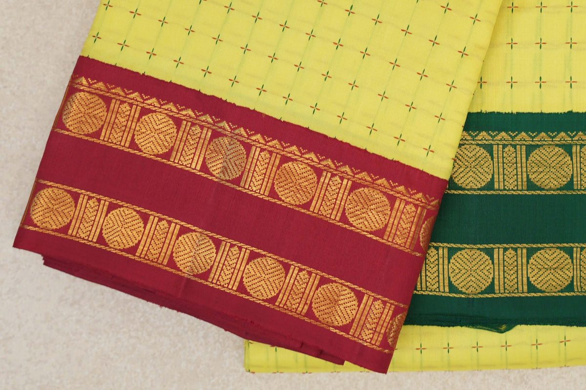 Bright Lemon Yellow with Green/Maroon Borders Vintage Kanjivaram Silk Saree SS10182