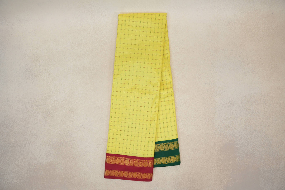 Bright Lemon Yellow with Green/Maroon Borders Vintage Kanjivaram Silk Saree SS10182