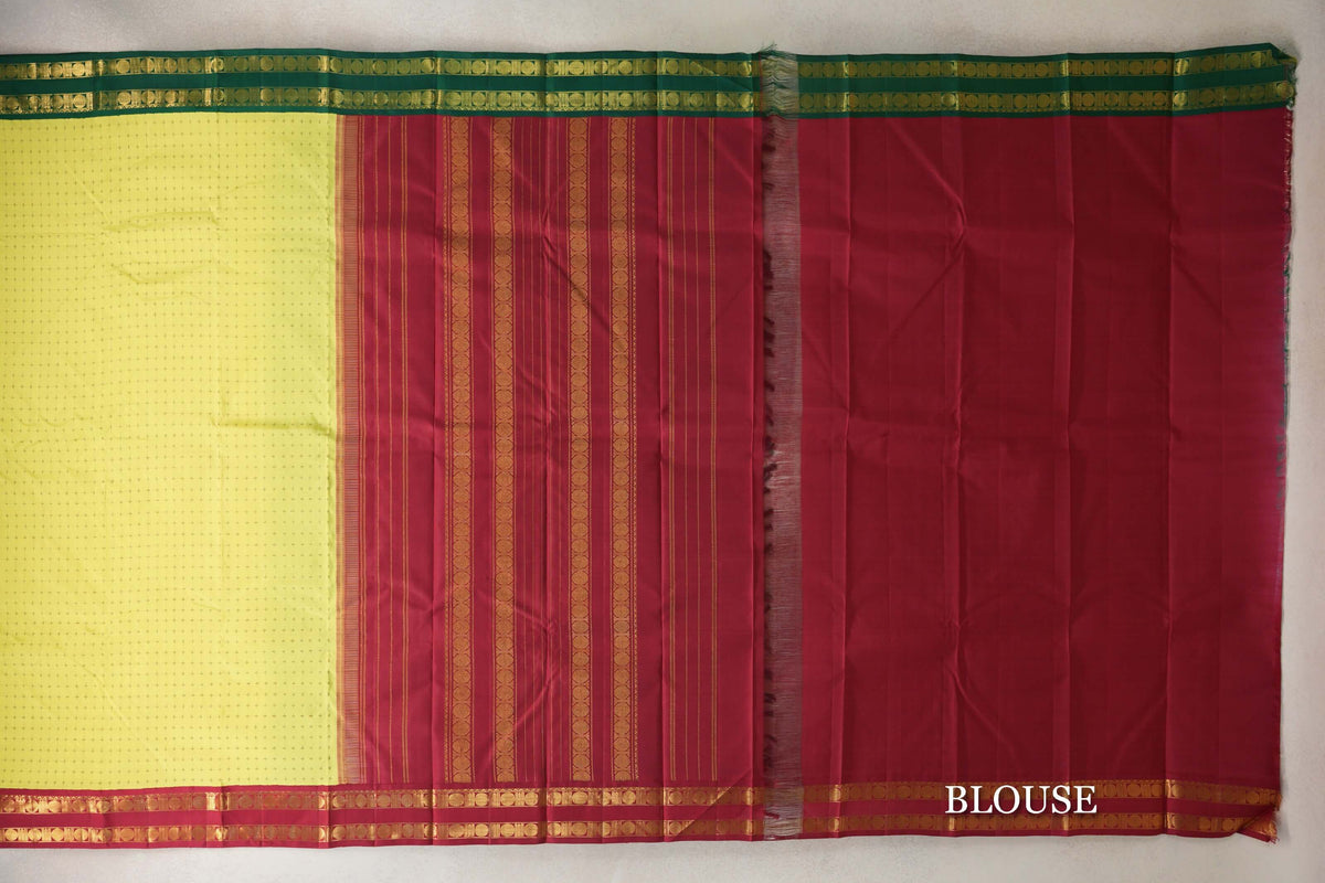 Bright Lemon Yellow with Green/Maroon Borders Vintage Kanjivaram Silk Saree SS10182