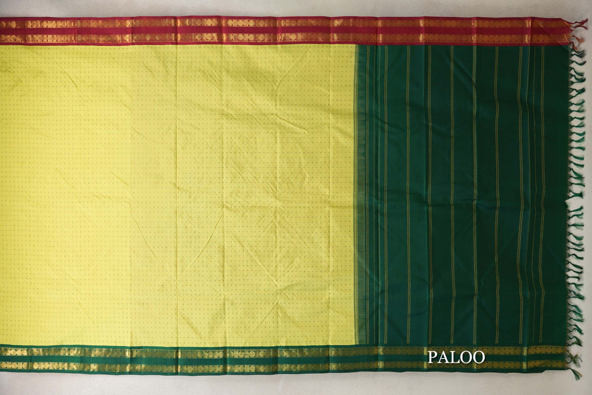 Bright Lemon Yellow with Green/Maroon Borders Vintage Kanjivaram Silk Saree SS10182