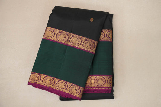 Black with Deep Bottle Green with Magenta Vintage Kanjivaram Silk Saree SS9059