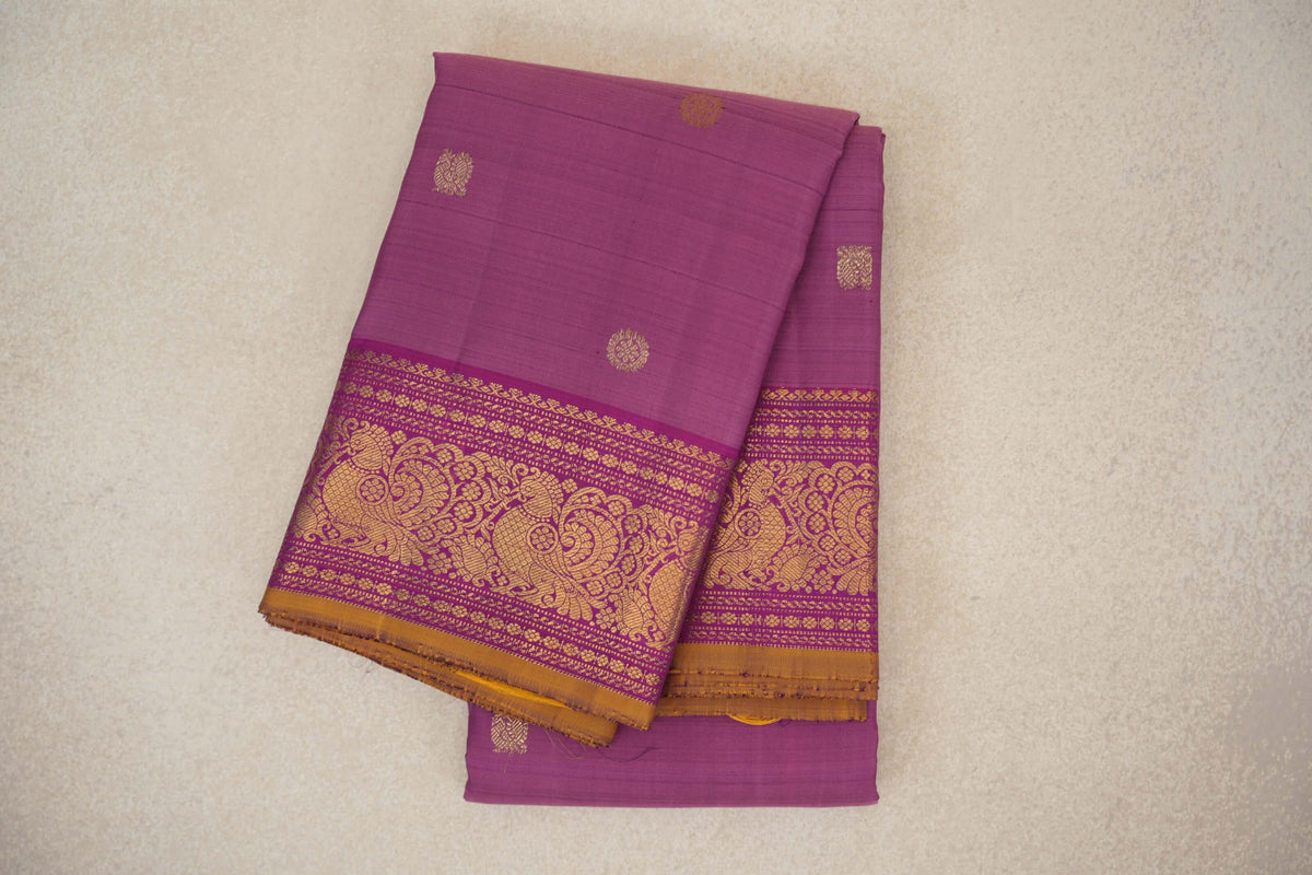 Pink/Purple with Magenta with Yellow Selvedge Borders Vintage Kanjivaram Silk Saree SS10184