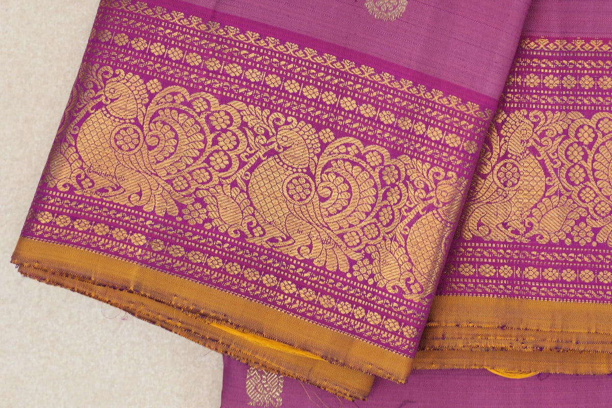 Pink/Purple with Magenta with Yellow Selvedge Borders Vintage Kanjivaram Silk Saree SS10184