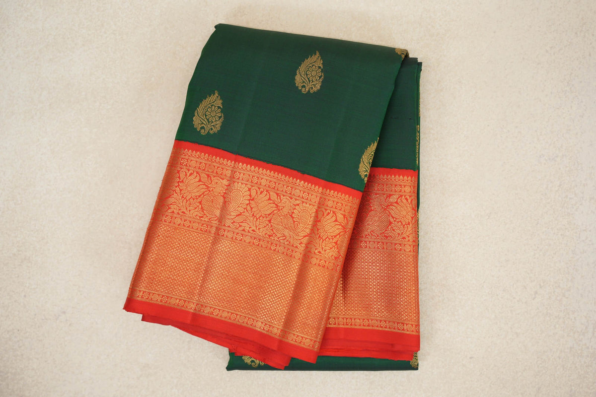 Dark Bottle Green with Bright Red Borders Vintage Kanjivaram Silk Saree