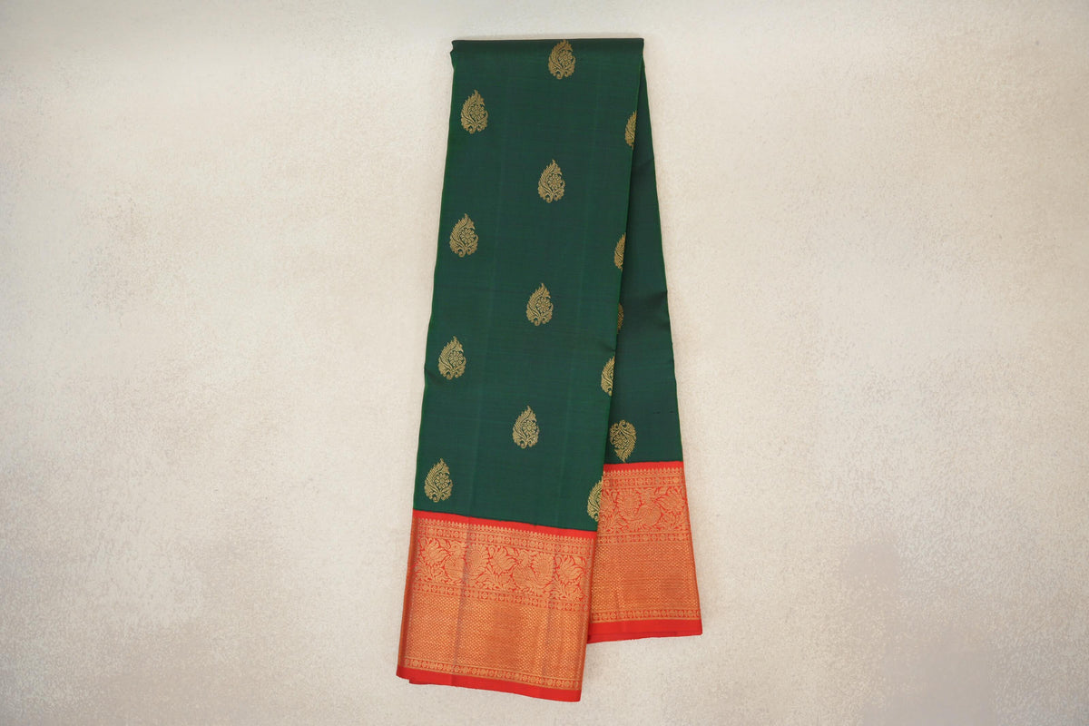 Online Dark Bottle Green with Bright Red Borders Vintage Kanjivaram Silk Saree