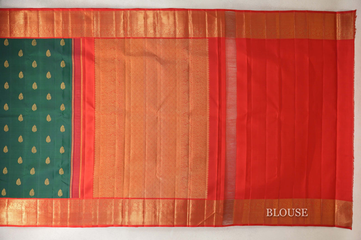 Dark Bottle Green with Bright Red Borders Vintage Kanjivaram Silk Saree blouse