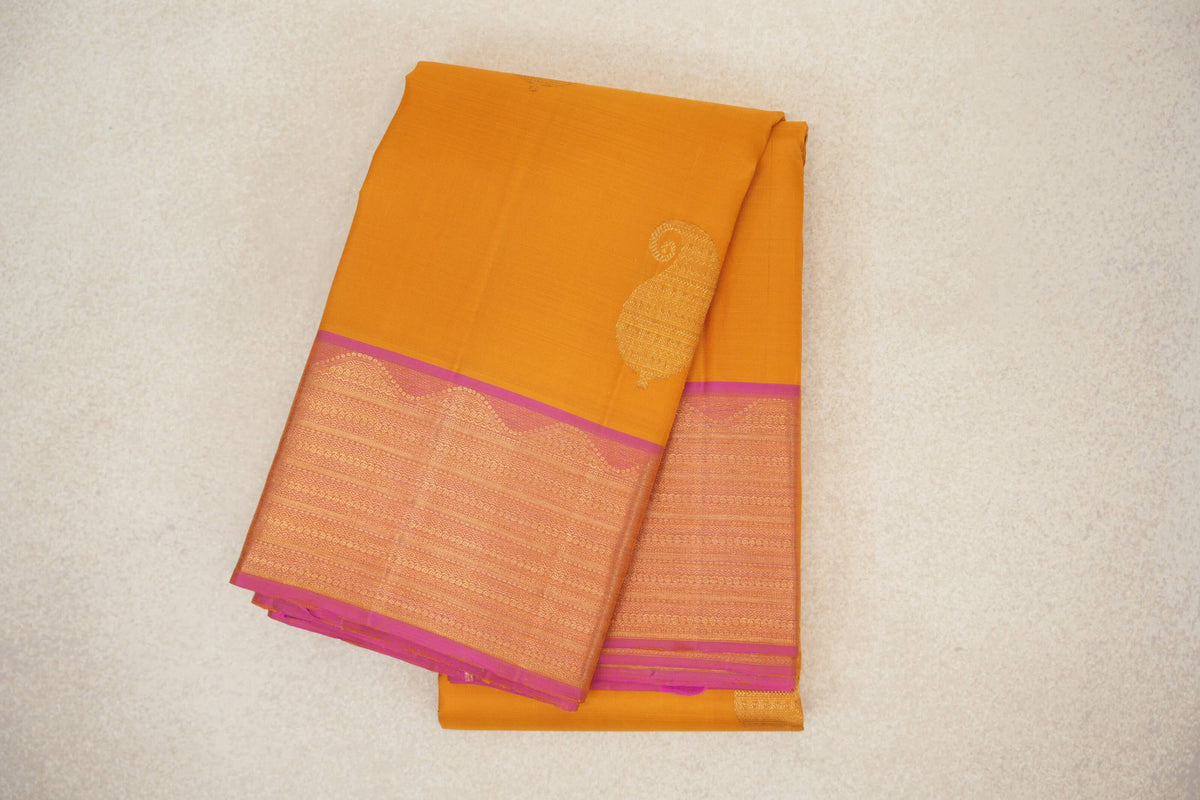 Mango Yellow with Dual Tone of Pink and Yellow Borders Vintage Kanjivaram Silk Saree