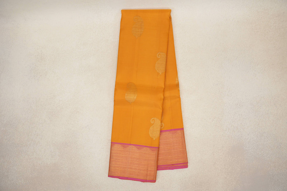 Online Mango Yellow with Dual Tone of Pink and Yellow Borders Vintage Kanjivaram Silk Saree
