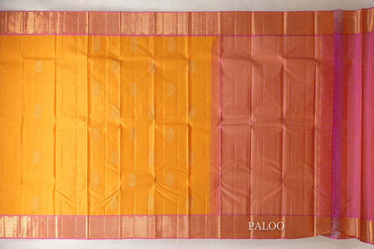 Mango Yellow with Dual Tone of Pink and Yellow Borders Vintage Kanjivaram Silk Saree paloo