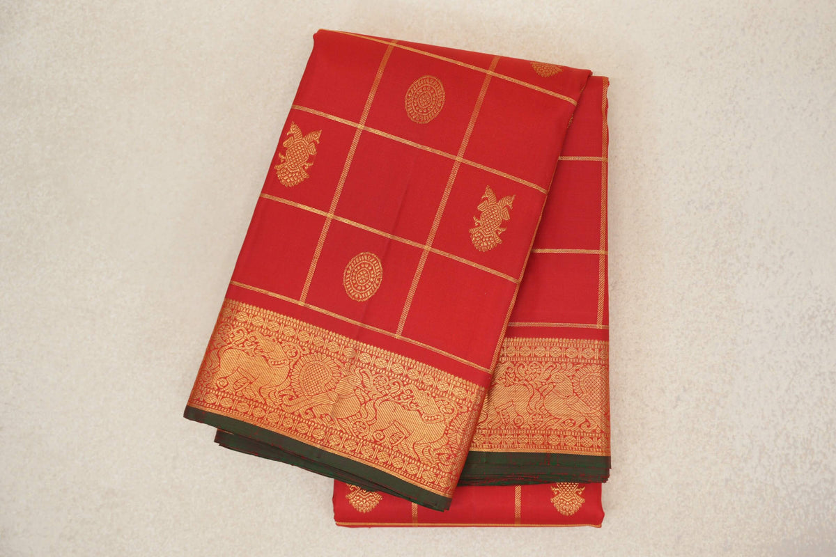 Chilli Red with Zari Checks Vintage Kanjivaram Silk Saree