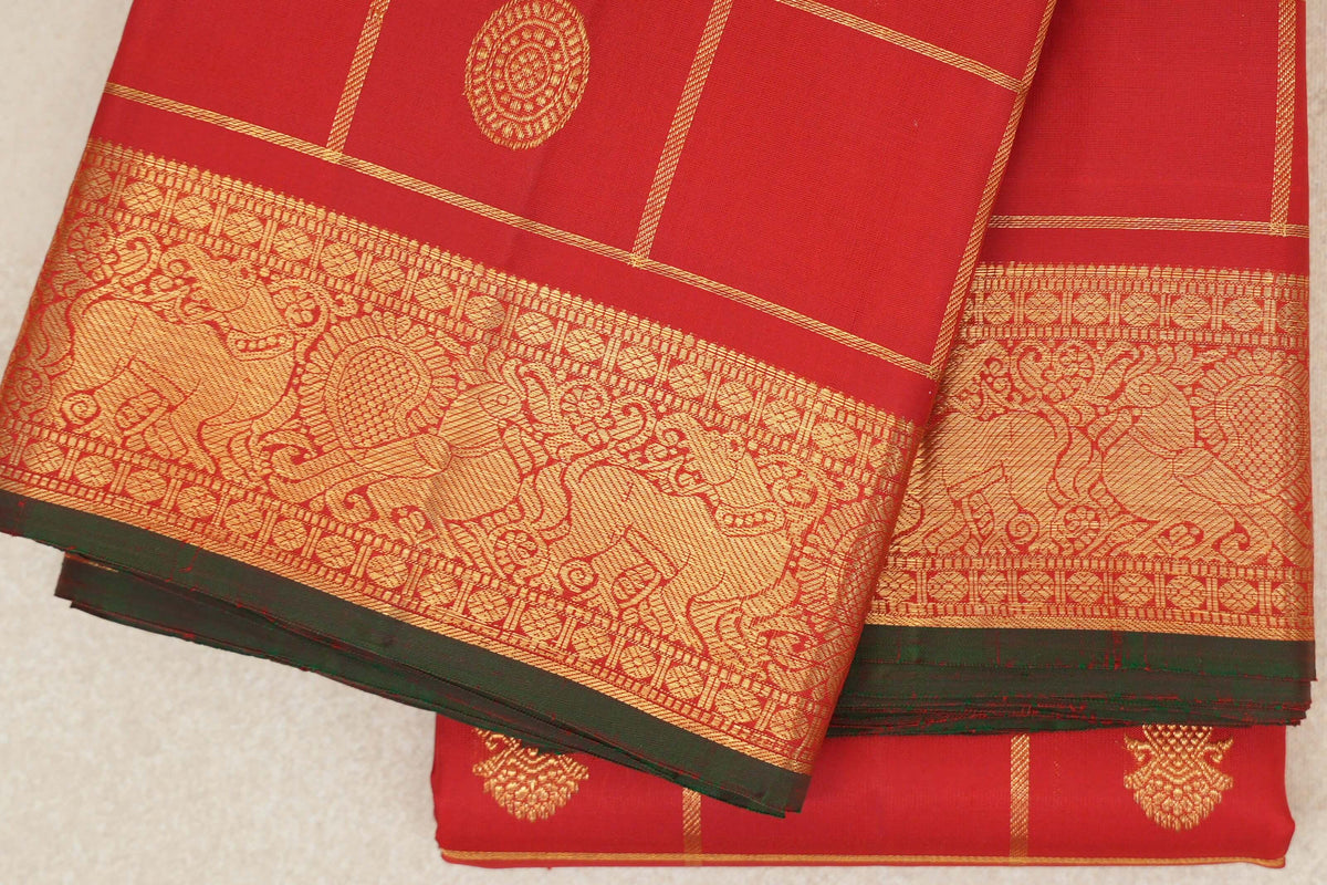 Chilli Red with Zari Checks Vintage Kanjivaram Silk Saree border