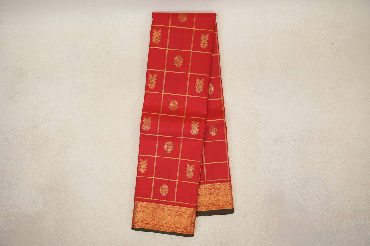 Online Chilli Red with Zari Checks Vintage Kanjivaram Silk Saree