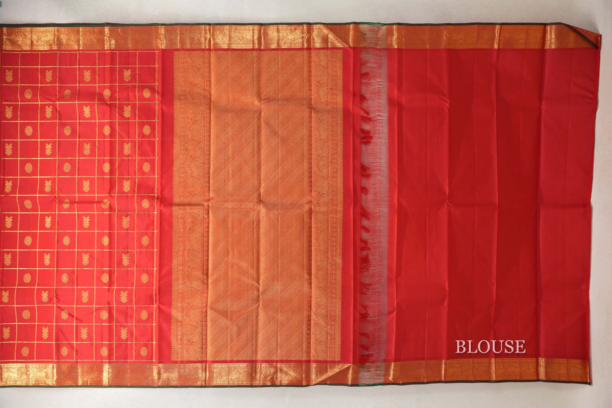 Chilli Red with Zari Checks Vintage Kanjivaram Silk Saree blouse