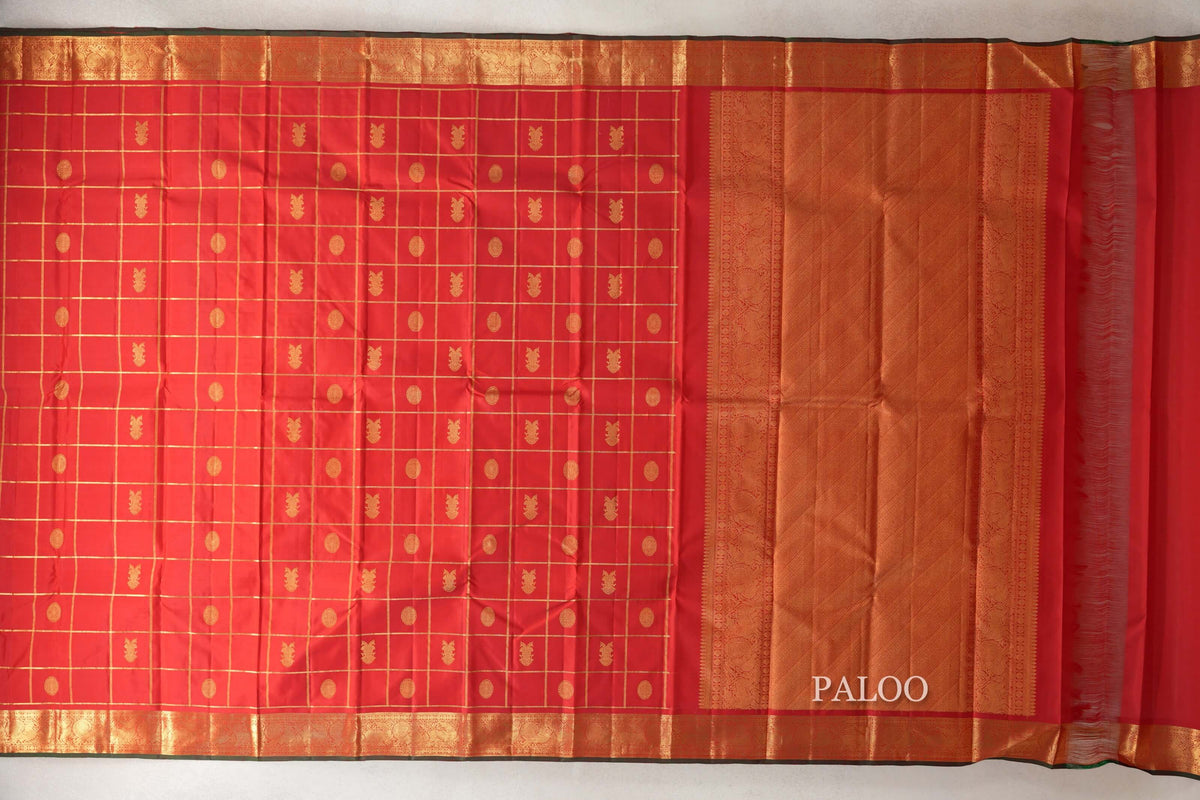 Chilli Red with Zari Checks Vintage Kanjivaram Silk Saree paloo