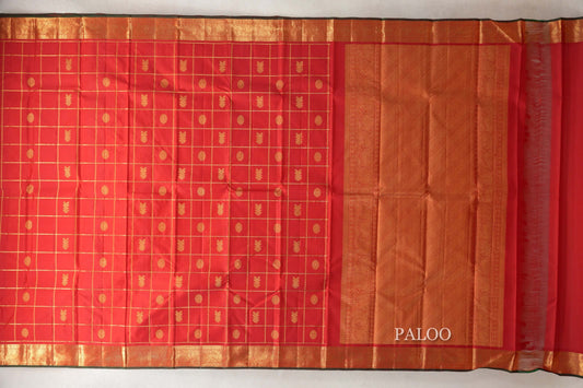 Chilli Red with Zari Checks Vintage Kanjivaram Silk Saree paloo