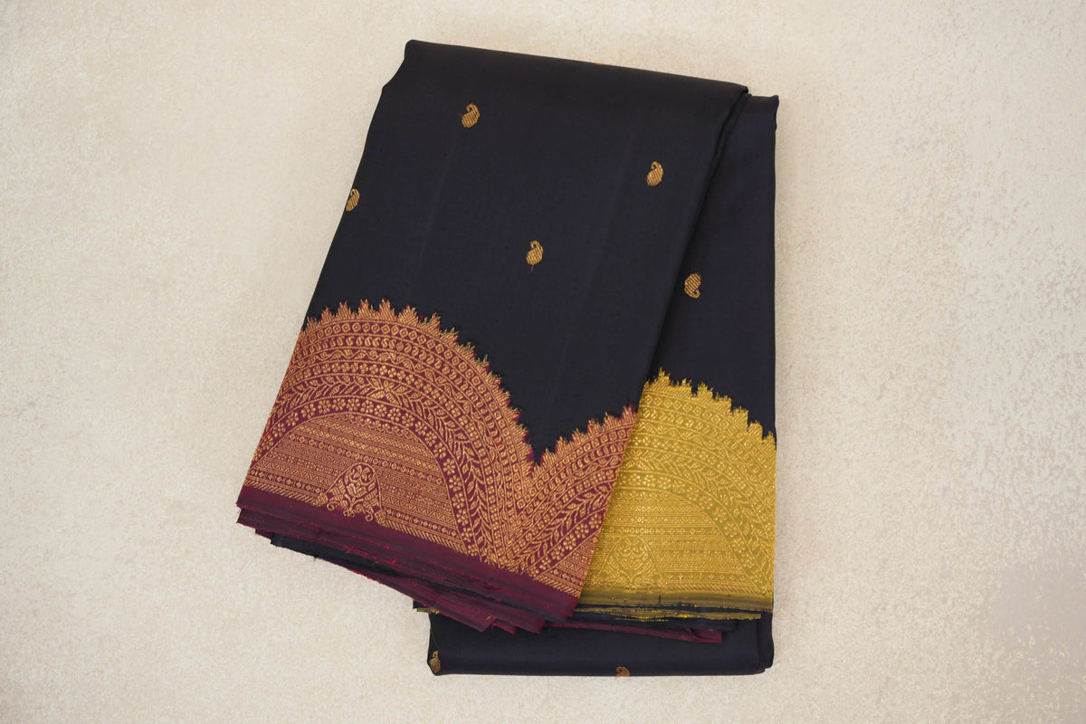 Deep Navy Blue with Deep Maroon/Yellowish Green Borders Vintage Kanjivaram Silk Saree