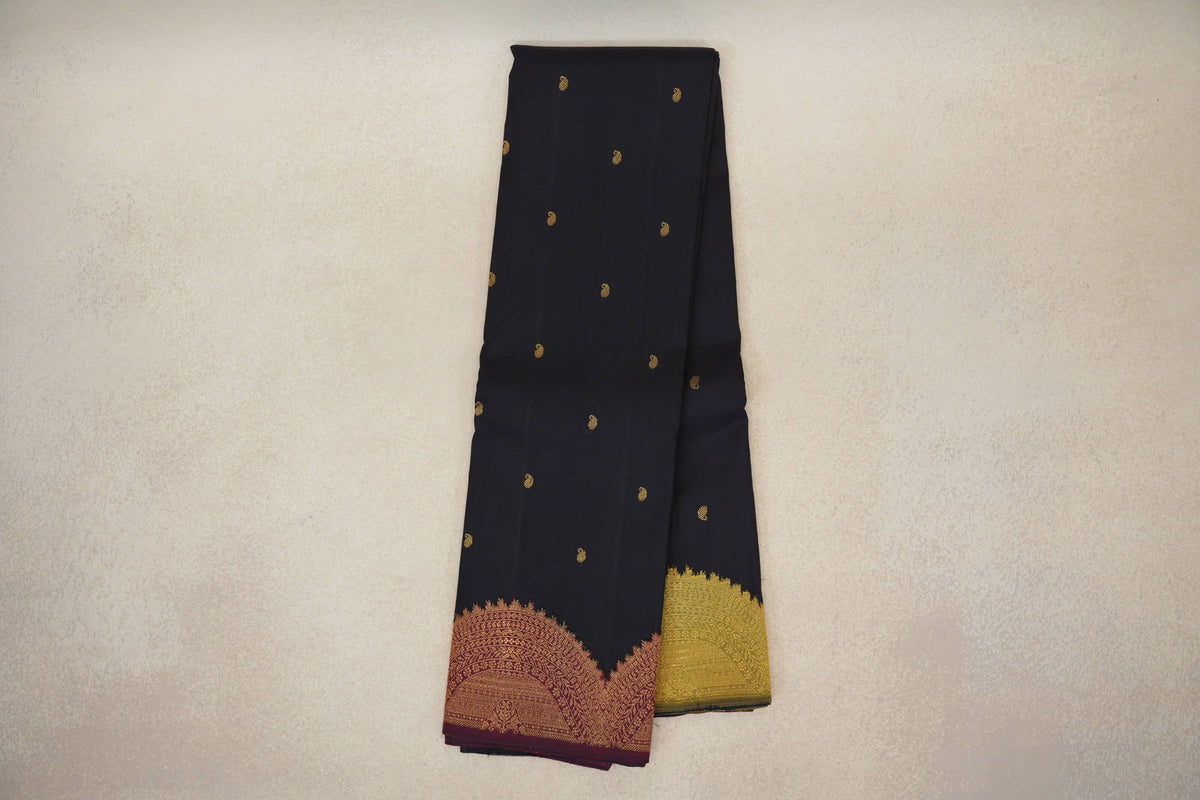 Online Deep Navy Blue with Deep Maroon/Yellowish Green Borders Vintage Kanjivaram Silk Saree