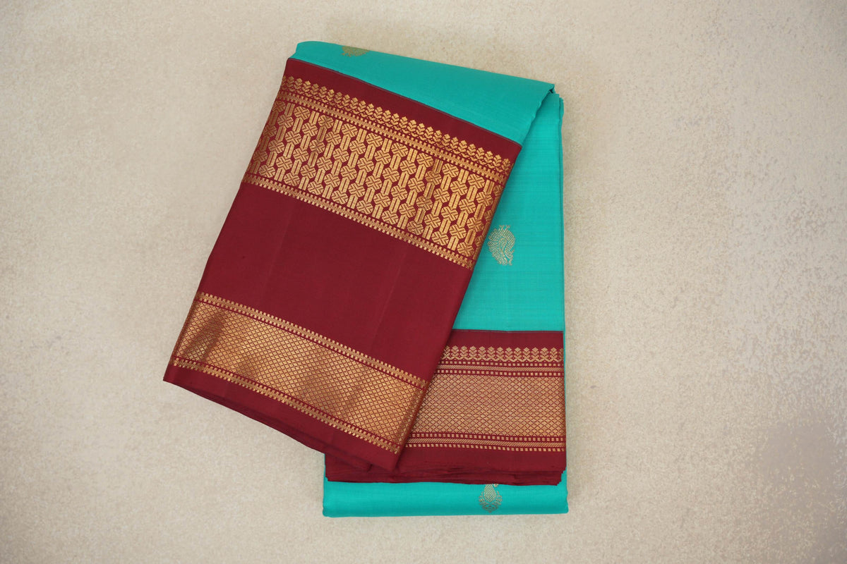 Aqua Blue with Deep Maroon Borders Vintage Kanjivaram Silk Saree