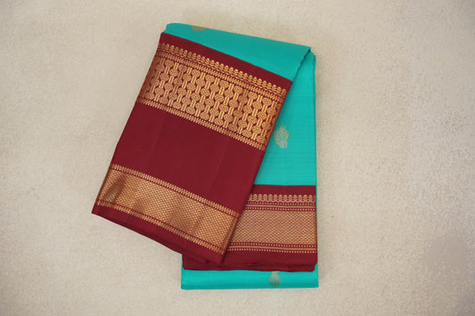 Aqua Blue with Deep Maroon Borders Vintage Kanjivaram Silk Saree
