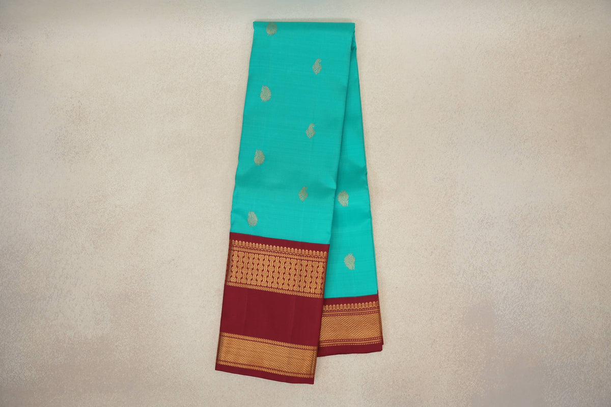 Online Aqua Blue with Deep Maroon Borders Vintage Kanjivaram Silk Saree