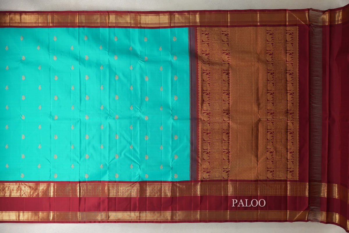 Aqua Blue with Deep Maroon Borders Vintage Kanjivaram Silk Saree paloo