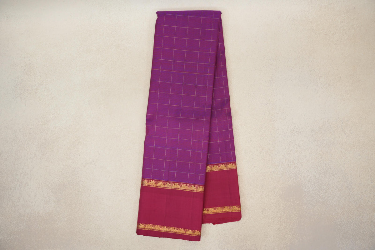 Online Dual Tone of Red and Blue with Reddish Pink Rettai Pettu Borders Vintage Kanjivaram Silk Saree