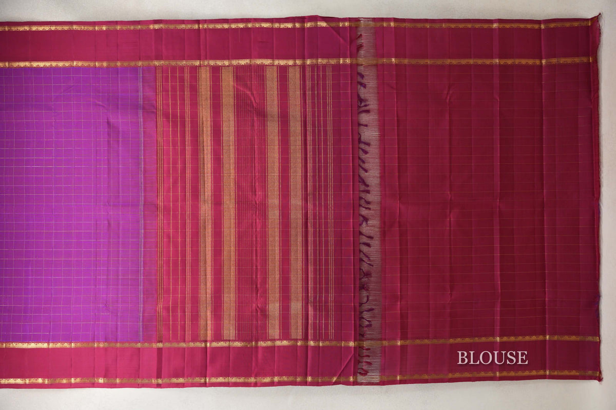 Dual Tone of Red and Blue with Reddish Pink Rettai Pettu Borders Vintage Kanjivaram Silk Saree blouse